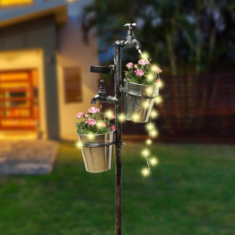 Piquet de jardin solaire avec deux jardinières, lumières LED, eau courante, robinet en métal rétro, support pour plantes, pots de fleurs pour pelouse, décorations de jardin