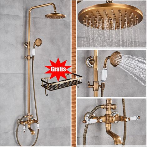 Zamery – Colonne de douche rétro en laiton doré – Mitigeur réglable en hauteur – 3 modes de jet – Étagère intégrée – Installation facile (1/5)