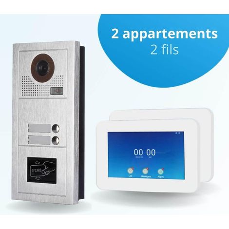 Portier interphone vidéo MODERN 2 Fils - 2 appartements - 2 écrans tactiles connectés 7" blanc - avec lecteur de badge