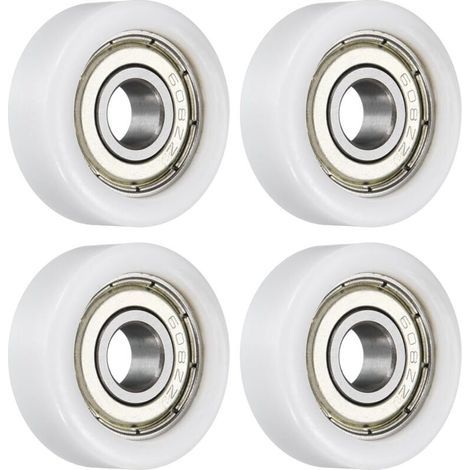 Lot de 4 poulies de roulement à rouleaux - 8 x 28 x 10 mm - Roulettes plates avec roulement 608RS pour accessoires de matériel de meubles (blanc) (1/4)