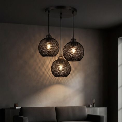 Hängelampe Metall Korb Schirm E27 30 cm breit H: max. 95 cm Braun Schwarz 3-flammig Kugel Modern