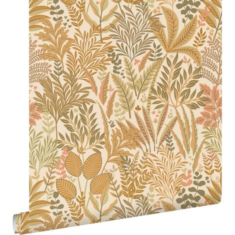 papier peint feuilles et fleurs tropicales terracotta claire et beige - ESTAhome