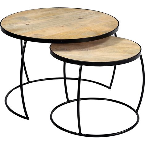 Miliboo – Tables basses gigognes rondes en bois de manguier massif – Lot de 2 – Design industriel avec pieds en métal – Dimensions 65x65x45 cm et 47x47x39 cm