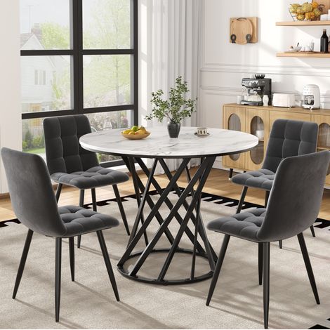 Ensemble table à manger ronde 5 pièces avec 4 chaises en velours, Ø80 cm, MDF et métal (1/5)
