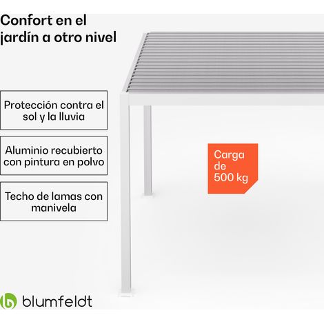 Blumfeldt El Cenador LuminaHaven con techo de acero de lamas galvanizadas de 3x3 m protege del sol, la lluvia y el viento