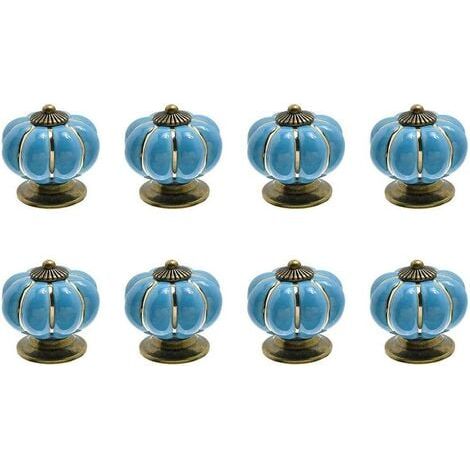 8 x Boutons de tiroir en céramique bouton de meuble forme citrouille pour tiroirs et placards de cuisine (Bleu) (1/2)