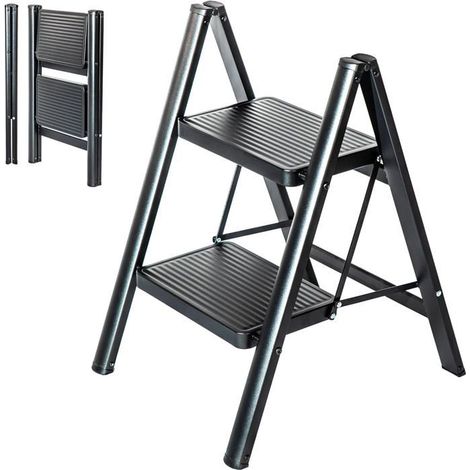 Escabeau 2 marches, Marche pied pliable, Design ultra-compact, Marches larges 17,5 cm, Acier, Etagère temporaire,54cm (1/4)
