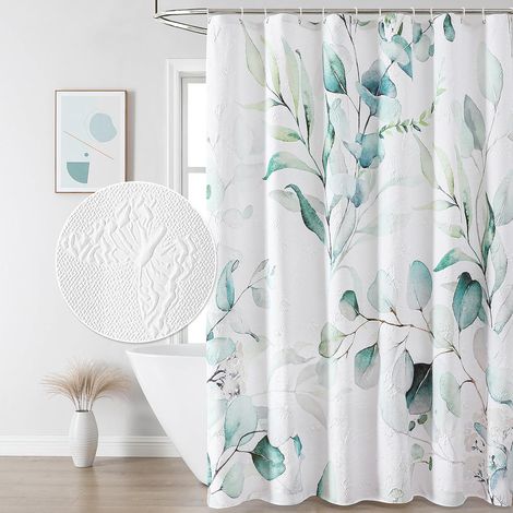 Rideau de douche en eucalyptus, rideau de salle de bain à papillons en relief 3D, rideau de salle de bain minimaliste en tissu vert et bleu aquarelle, tissu imperméable vert (1/5)