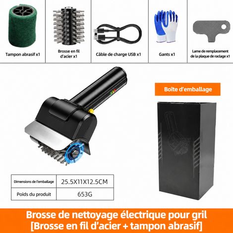 Brosse de nettoyage électrique pour barbecue avec brosse métallique et tampon abrasif - Noir réf 0070 25,5 × 11 × 12,5 cm 750 g – Livraison gratuite