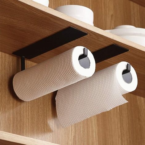 2pcs Porte-essuie-tout mural auto-adhésif 22 cm – Acier au carbone noir mat – Installation sans perçage pour surfaces lisses (1/5)