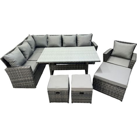Fimous 10 Seat Rattan High Back Corner Sofa Set Patio Dining Table Set with 3 Stools Chair Dark Grey Mixed (1/5)