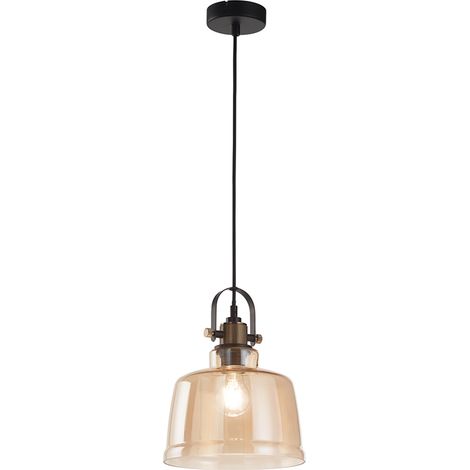 Sospensione Contemporanea Vintage Metallo Nero Vetro Ambra 1 Luce E27