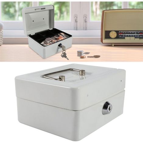 Boîte de sécurité portable en fer avec clé - Mini coffre à caisse/cash - 6 compartiments - 15x12x7.5cm - (Blanc) (1/5)