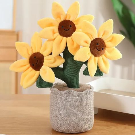 Peluche fleur en pot, motif tournesol à 3 têtes souriantes, jaune, 32 cm (1/5)
