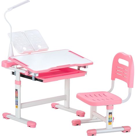 Ensemble chaise et bureau pour enfants avec lampe de table, table et chaise d'étude, hauteur réglable et inclinés de 0 à 40°, pour lecture, apprentissage, pour chambre et salle d'étude, rose (1/5)