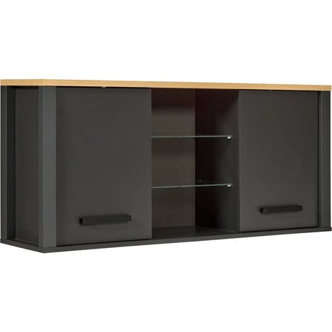 Pensile Cucina Antracite Rovere con Ripiani in Vetro 2 Ante 130x33 cm (1/5)