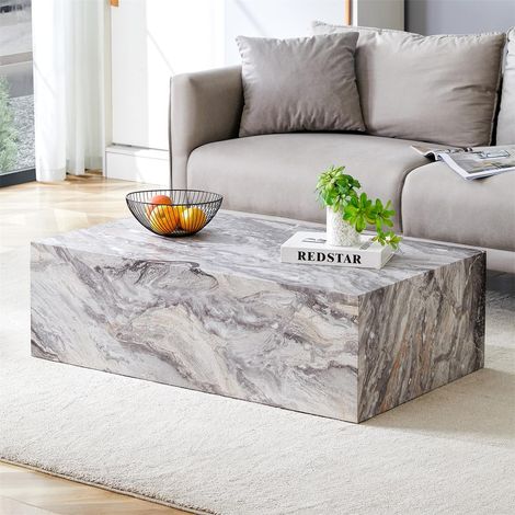 Table de salon rectangulaire grise, avec texture imitation marbre. Dimensions : 90×50×30 cm. Matériau : MDF. Pas besoin d’installation particulière. (1/5)