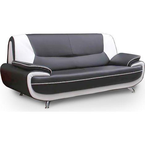 Mobilier Deco – Canapé droit 3 places en simili cuir gris et blanc – Style contemporain – Pieds chromés – Confort optimal pour salon moderne (1/4)