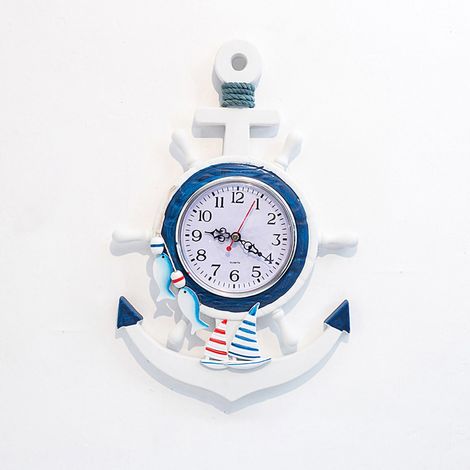 Horloge murale bateau bleu et blanc, style marin, 34 x 23 cm, décorative pour bureau ou chambre (1/4)