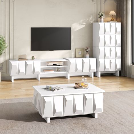 Modernluxe - Ensemble de salon 3 pièces - Meuble TV, table basse et buffet - Style moderne - Panneaux de particules - Blanc (1/5)