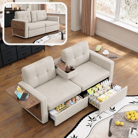 Canapé-lit 2 places en tissu beige, avec tables pour ordinateur réglables, 2 tiroirs de rangement, porte-gobelets intégrés et assise confortable, 178 x 71 x 57,5 cm – CHICFURN (1/5)