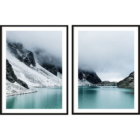 BILDPOSTER IM RAHMEN 53x73cm Diptychon 2er-Set Gemälde Berge See P2076 (1/3)