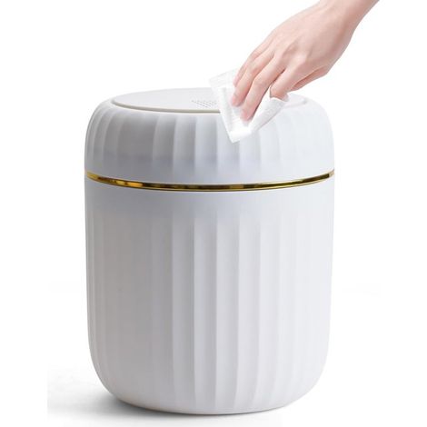 Mini poubelle de table avec couvercle à bouton-poussoir - Poubelle de 2 L pour salle de bain et bureau - Blanche (1/5)