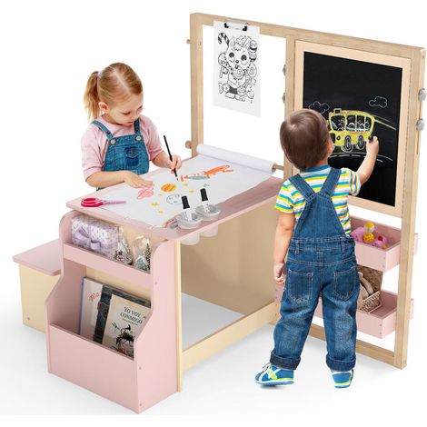 Ensemble chevalet, table et banc pour enfants, centre d'art multifonctionnel en bois avec chevalet réversible, rose (1/5)
