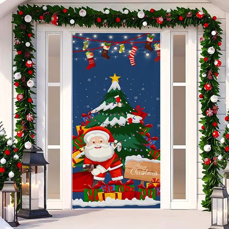 Rideau de porte de Noël 2026, bannière extérieure avec fond photo Père Noël et chien, tissu à suspendre - 90 x 180 cm (œillets + ruban) - 34