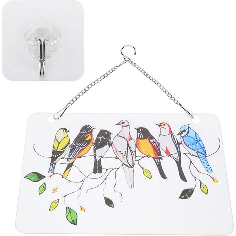 Oiseaux suspendus à un fil de fer, panneau de verre décoratif, attrape-soleil avec chaînette, cadeau pour les amoureux des oiseaux, plaque rectangulaire 20 x 12,5 cm (1/5)