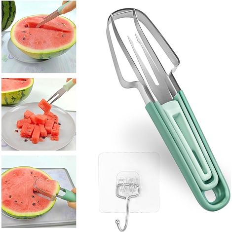 Set De Coupe Pastèque 3 En 1 Avec Un Crochet, Trancheuse À Fruits En Acier Inoxydable, Couteau Coupe Pasteque (Vert), Slicer De Pastèque Empilable pour La Maison, Le Camping, Les Fêtes (1/5)