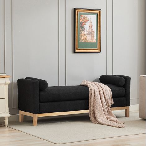 Panca da ingresso imbottita con cuscini e gambe in legno, in chenille, nero, 149x50x63,5 cm (1/5)