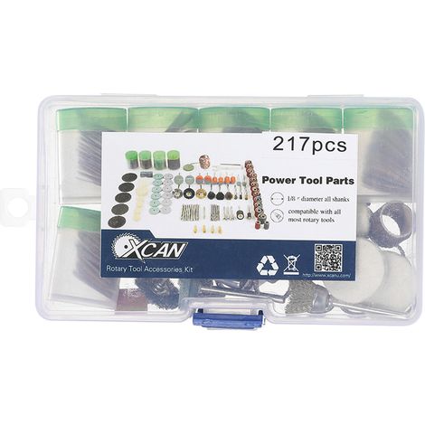Kit d'accessoires pour outil rotatif (217 pièces) avec queue de 3,2 mm (1/8 pouce) : embouts de ponçage, de meulage, de brossage et de polissage, et boîte de rangement pour meuleuse. (1/3)