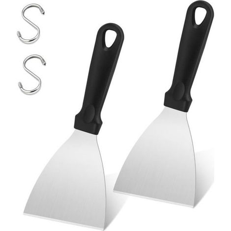 Lot de 2 Spatules, Acier inoxydable, Bord incliné, Poignée plastique, Résistance chaleur, Cuisine et Barbecue (1/5)