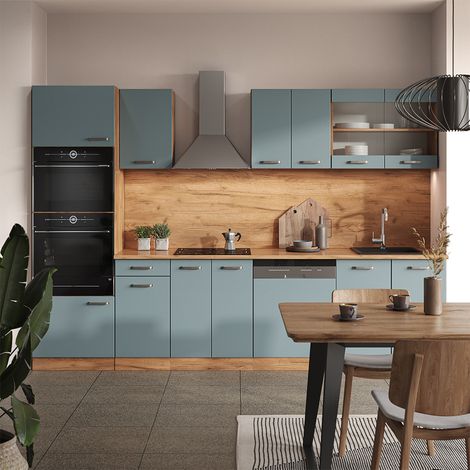 Cucina componibile R-Line, Rovere blu-grigio/oro, 300 cm con armadio alto, senza piano di lavoro, Vicco