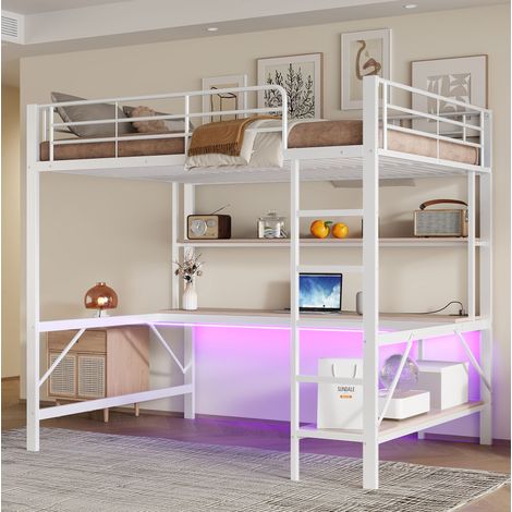 Lit mezzanine 140/200 cm blanc en métal avec bureau et étagères (1/5)