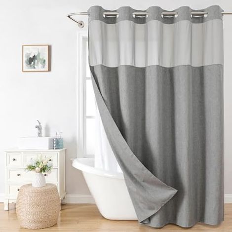 eachope Rideau de Douche texturé en Lin avec Doublure en Tissu à Clipser, Rideau de Douche décoratif de Luxe pour Salle de Bain avec fenêtre supérieure Transparente, imperméable et Lavable, 180 x 188 (1/5)