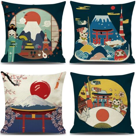 Housse de Coussin Japonais Fuji Ukiyo-e en Taie d'oreiller Canapé Voiture Maison Lit Décor 45 x 45cm, Ensemble de 4 pièces (Style Japonais B), Taie d'oreiller en lin de style japonais ukiyoe (1/5)