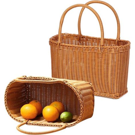 2 piezas Cesta de compras trenzada，cesta de mimbre de ratán，cesta de frutas y verduras (1/5)