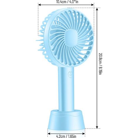 Ventilateur portable rechargeable USB 1200 mAh, mini ventilateur de poche à 3 vitesses, idéal pour la maison, le bureau, le camping, les voyages et le sport. Base amovible bleue. (1/3)