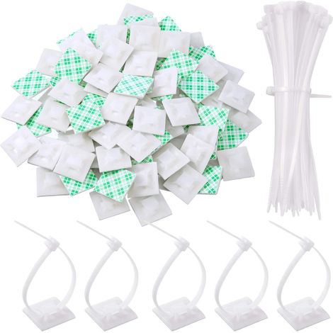 Pack of 100 Self-Adhesive Zip Tie Base Brackets with Cable Ties Universal Multi-Use Black (Length 150 mm, Width 2 cm, White) (1/5)