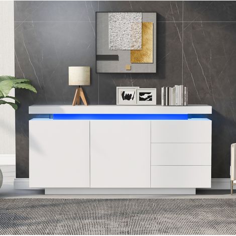 Aparador 140x35x72,5 cm blanco laqueado con luz LED controlable app, 2 puertas 3 cajones (1/5)