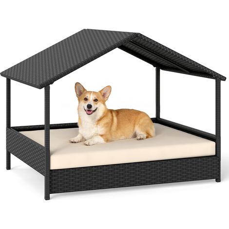 Niche pour Chien Exterieur Interieur en Rotin PE, Coussin Amovible, Charge 60 kg, Chenil pour Chien Exterieur, Cadre en Métal, Base Surélevé, Beige (1/5)