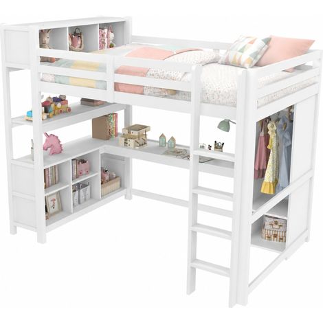 Cama alta 140x200 cm con escritorio, estanterías y armario, con gran espacio de almacenamiento, sin colchón, color blanco, ideal para habitación infantil CHICFURN (1/5)