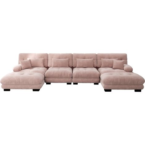 Sofá modular en U de 4 plazas en chenilla rosa con pufs móviles (1/5)