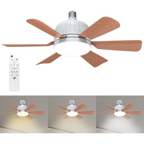 Ventilateur de plafond à visser avec télécommande, interface E27, 3 vitesses, gradation continue 3 couleurs, adapté à la cuisine, marron (1/5)