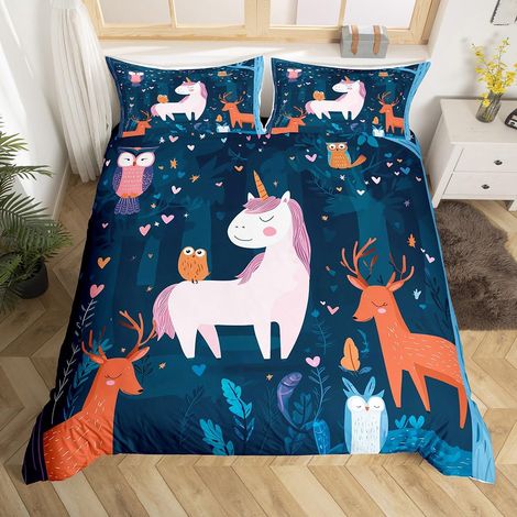 Parure de lit avec housse de couette 220 x 240 cm - Motif licorne rose - Motif chouette et cerf sika - Décoration d'intérieur - Pour enfant, garçon, fille, adolescent (1/5)