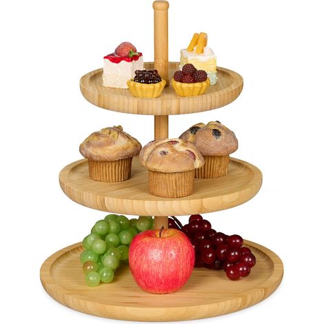 Relaxdays Bamboo Etagere: 37 cm x 30 cm Fruit Etagere Wooden With 3 Round Plates For Cookies, Sweets, Baked Goods, Party-Snacks, Nuts And More, Fruit Plate Serving Dish Tray Platter, Natural