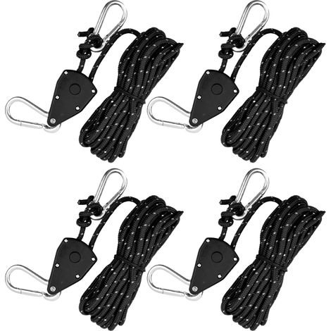 4 Pièces Corde de Tente Réfléchissante, 4mm Cordes à Cliquet avec Crochets, 5M Corde De Camping Légère pour Tente, Paracorde Corde avec Poulie pour Auvent, Tente, Bâche, Randonnée Extérieur (Noir) (1/5)