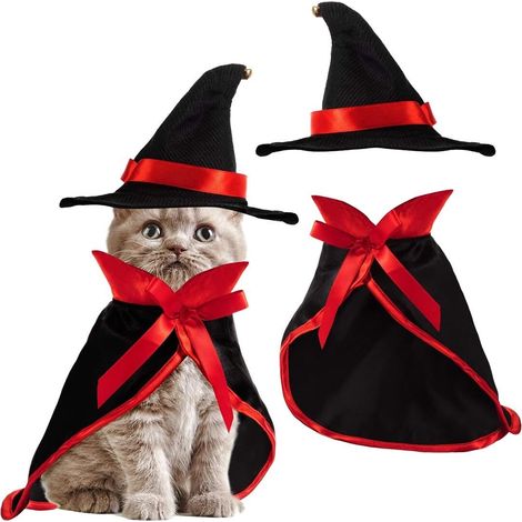 Titre : Costume d'Halloween pour Chat et Chien Chapeau de Sorcière et Cape de Vampire Réglables Déguisement de Fête pour Animaux de Compagnie Noël Cosplay (1/5)
